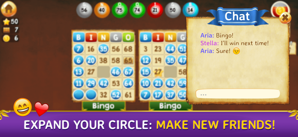 Zodi Bingo Live & Horoscope - 두 개의 빙고 카드와 양피지 배경에 있는 대화형 소셜 채팅 창이 특징인 조디 빙고 라이브 게임 화면