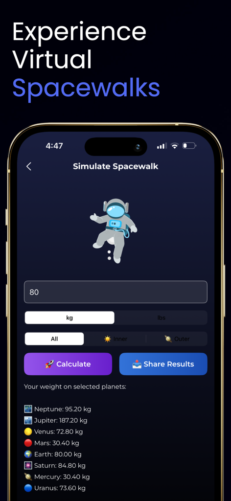 Space Explorer:Astronomy Guide - Space Explorer app screen showing a planetary weight calculator and virtual spacewalk simulation