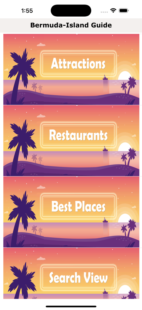 Bermuda Island Guide - Menú principal de la aplicación Bermuda Island Guide que muestra categorías para Atracciones, Restaurantes, Mejores Lugares y Vista de Búsqueda con gráficos de playas al atardecer