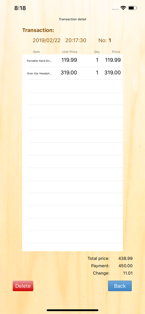 Transaction detail screen in POS S Pro showing itemized list total price and change calculation
