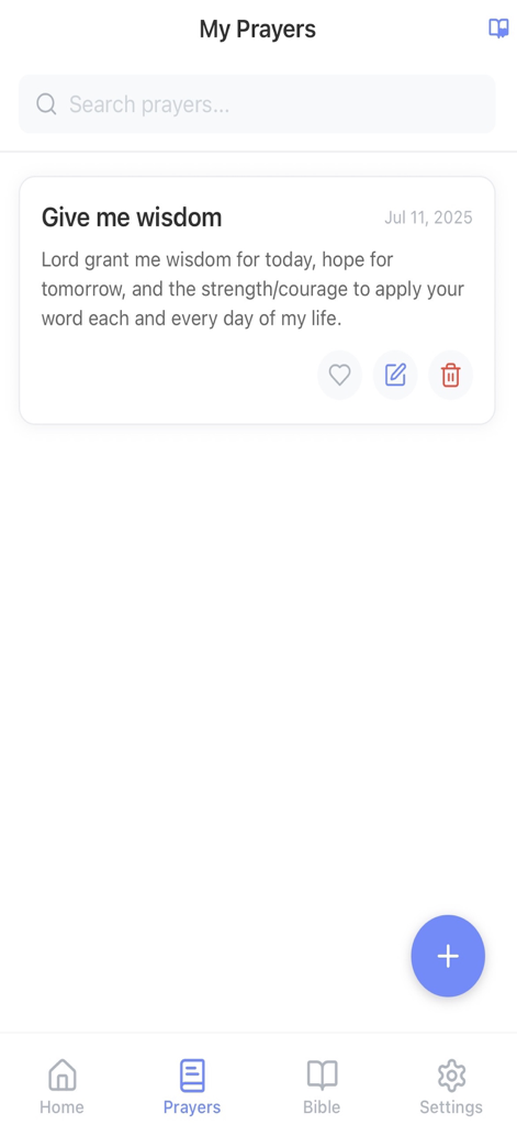 My Prayer Journal & Bible App - A user interface of the My Prayer Journal app showing a saved prayer titled Give me wisdom and a search bar.