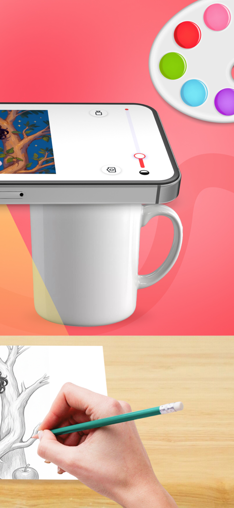 Eine Person, die die AR-Zeichen-App verwendet, um eine Skizze auf Papier mit einem Handy, das auf einem Becher ruht, abzuzeichnen