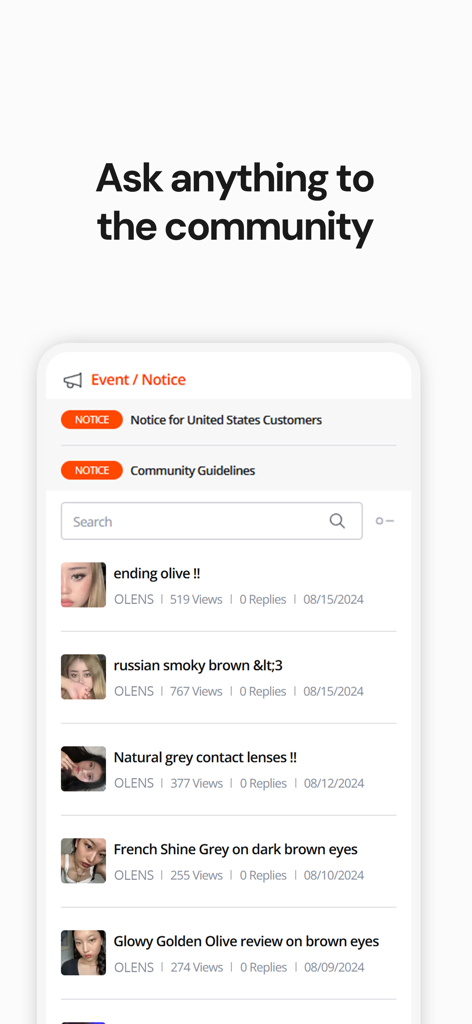 OLENS - 사용자가 컬러 렌즈에 대한 리뷰와 사진을 게시하는 OLENS 앱 커뮤니티 섹션 스크린샷
