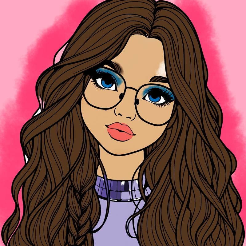 girl with long hair and freckles and glasses realistic