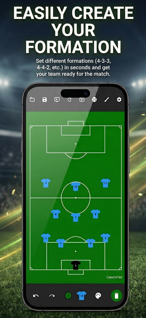 CoachPad Football Tactic Board - Digital football tactic board showing a team formation on a mobile device screen