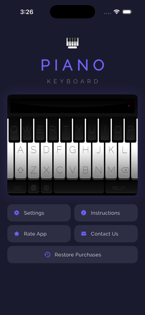 Piano Keyboard - Typing Music - Home screen of the Piano Keyboard app showing a musical QWERTY keyboard preview and menu options like settings and instructions.