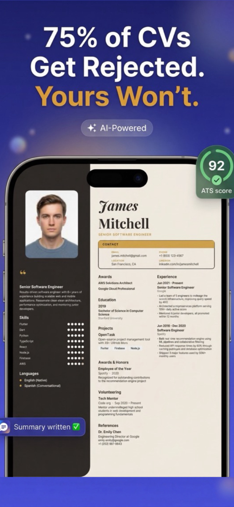 Resume Builder, CV Maker, ATS - AI-powered professional resume on a mobile screen showing a high ATS score of 92