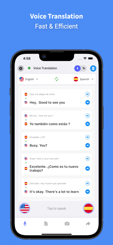 Voice Translator : Language + - iPhone interface showing a real time voice translation conversation between English and Spanish