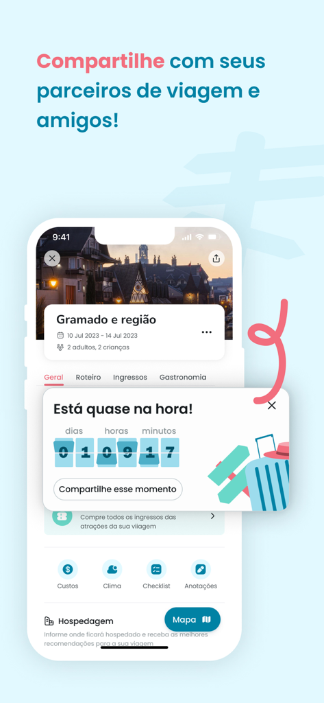 Interface of the Roterin app showing a countdown for a trip to Gramado and a call to action to share the itinerary with friends.