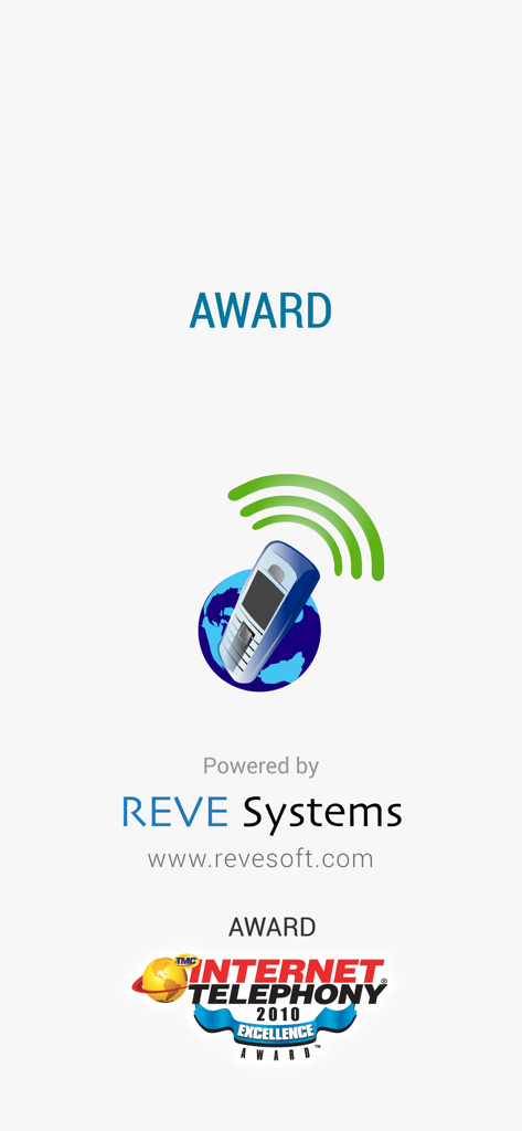 iTel Mobile Dialer. - iTel Mobile Dialer splash screen featuring REVE Systems logo and the Internet Telephony Excellence Award.