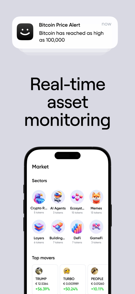 Simple: Wallet to Buy Crypto - Mobile app interface showing real-time crypto asset monitoring and a bitcoin price alert notification