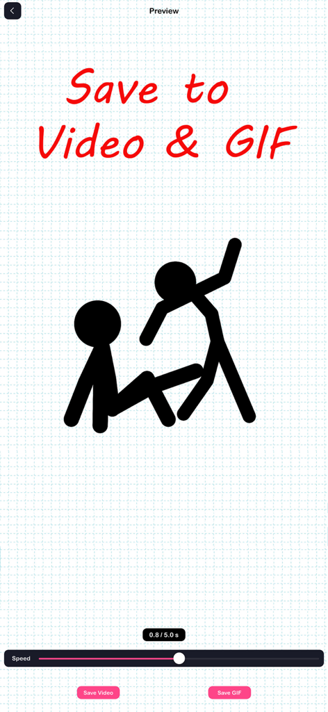 Preview screen of Stick Animator showing stick figures and buttons to save as video or GIF
