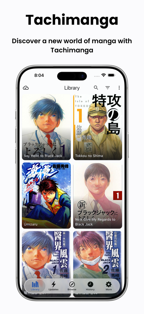 Interfaccia della libreria dell'app Tachimanga che mostra varie copertine di manga su un iPhone.