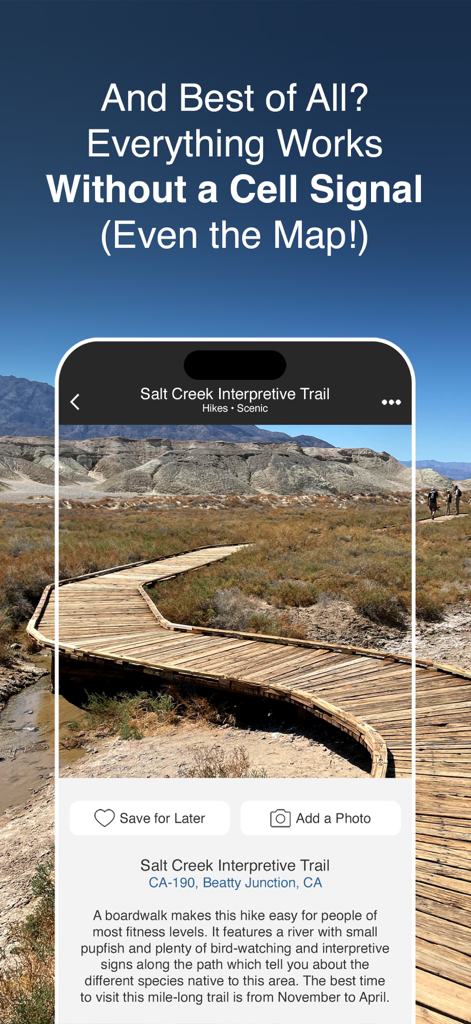 Death Valley Offline Guide - Death Valley trail guide app showing Salt Creek Interpretive Trail offline information
