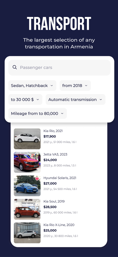 Mobile interface of List.am Armenian marketplace showing used car listings with search filters for price and model.