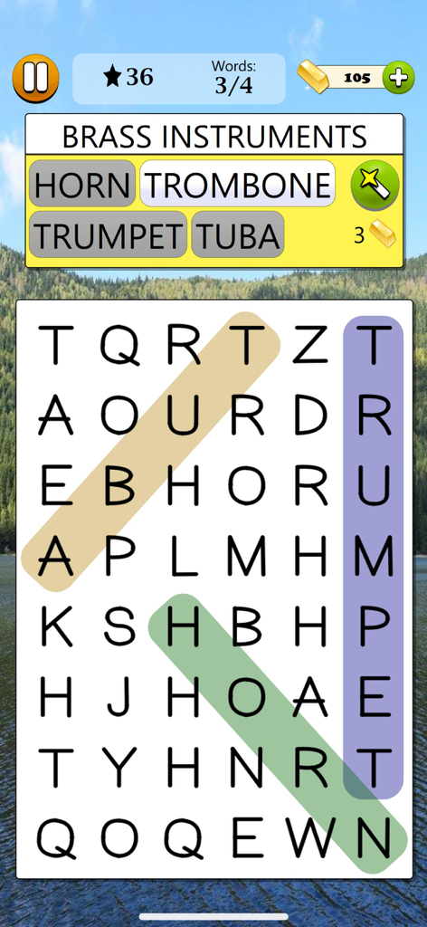 Word Search - Word Game - 그림 같은 배경에 강조 표시된 찾은 단어가 있는 금관 악기 테마 퍼즐을 보여주는 단어 검색 모바일 게임 화면.