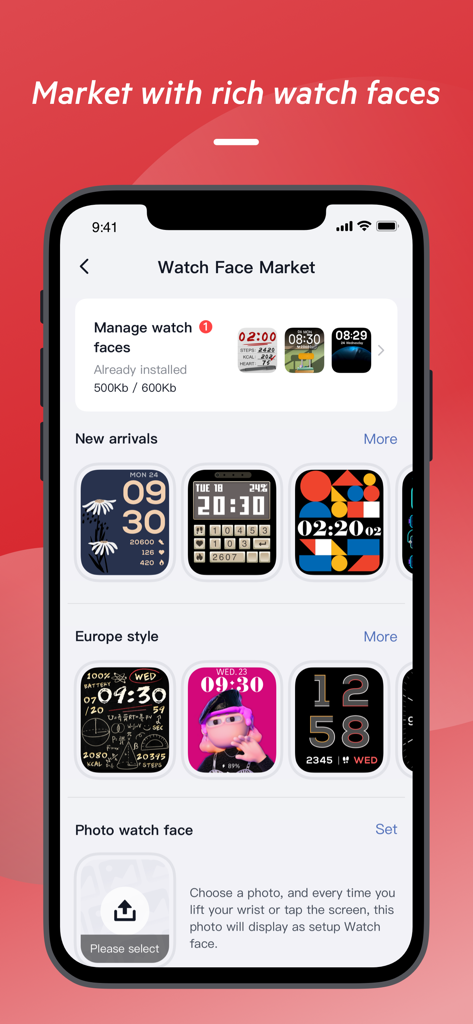 KS OS mobile app interface showcasing various digital watch face designs in the Watch Face Market section.