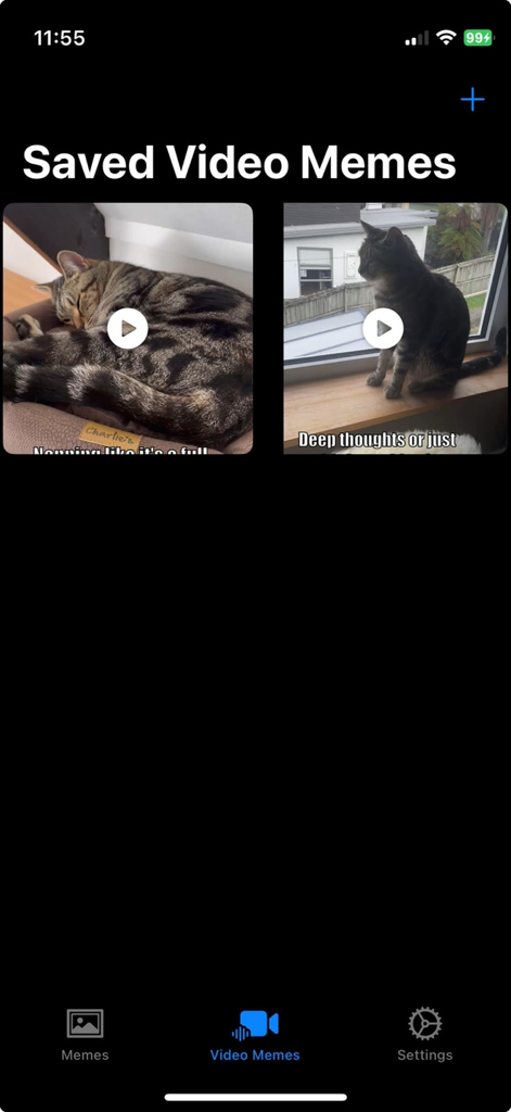 YoMeme: Meme Maker & Editor - YoMemeアプリのインターフェース。猫が登場する保存された動画ミームのライブラリが表示されています。