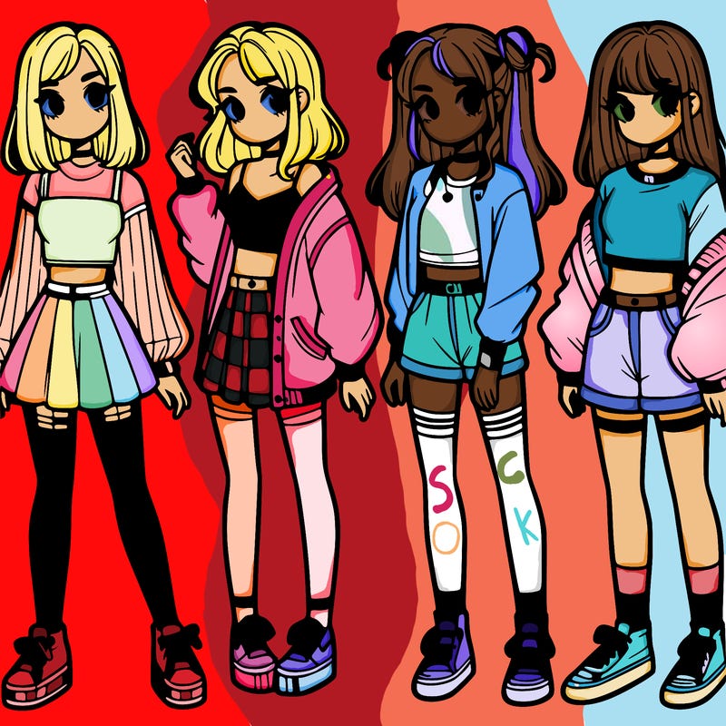 one girl with crop-top shirt and a jacket with a skirt, long socks and another girl with a shirt and pants with a jacket