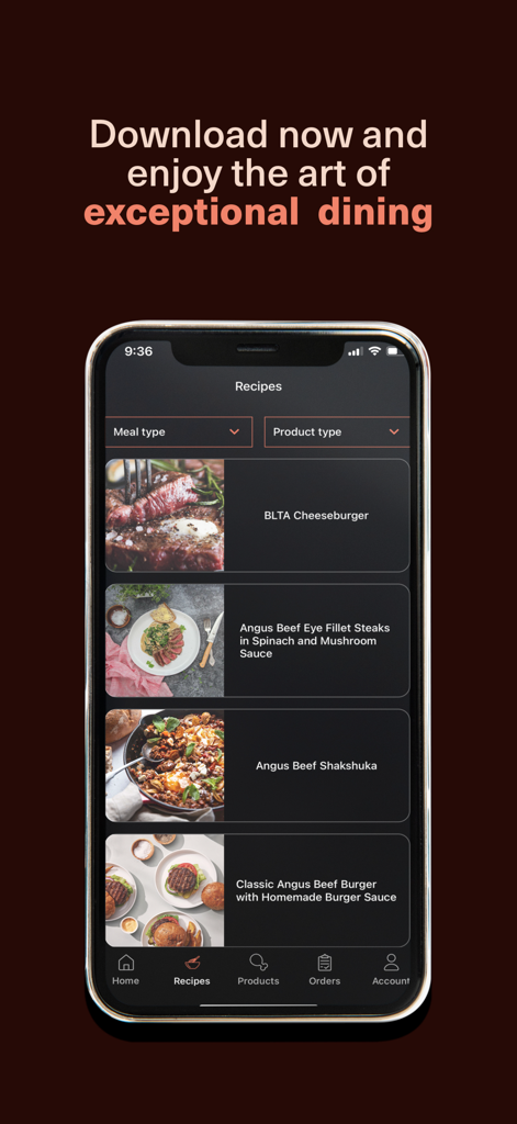 Recipes screen of The Meatery app displaying gourmet Angus beef meal ideas and burger recipes.