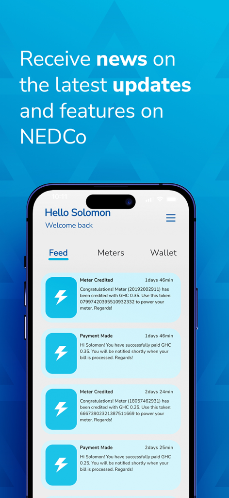 NEDCo - Screenshot of the NEDCo mobile app activity feed showing payment and meter credit notifications