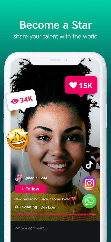 Yokee Karaoke app screen showing a user performance with social media interaction features like likes and shares