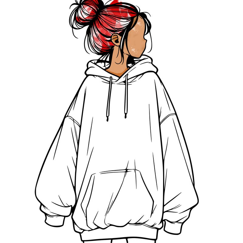 realistic girl with a oversized sweatshirt on and a bun