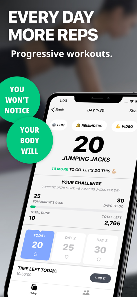 30 Day Fitness Workout at Home - Smartphone displaying a fitness app tracking a 30 day jumping jack challenge