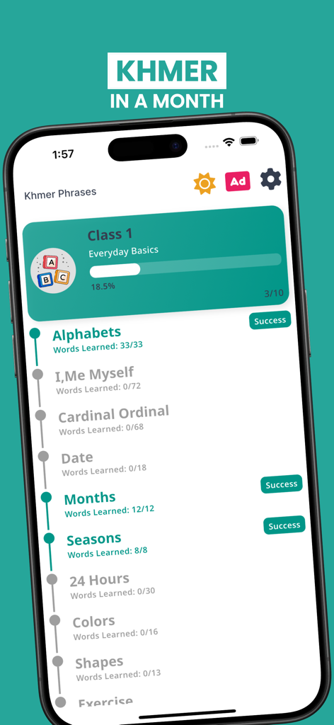 Learn Khmer For Beginners - Interfaz de la aplicación Aprende Khmer para Principiantes que muestra el plan de lecciones para lo básico del día a día