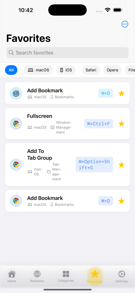 Favoriten-Bildschirm, der Browser-Tastenkombinationen für Chrome und Safari anzeigt