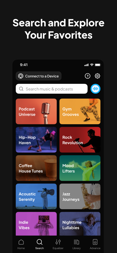 Speaker & Headphones Connect - La pantalla de búsqueda de la aplicación Speaker and Headphones Connect mostrando varios géneros musicales y categorías de podcasts.