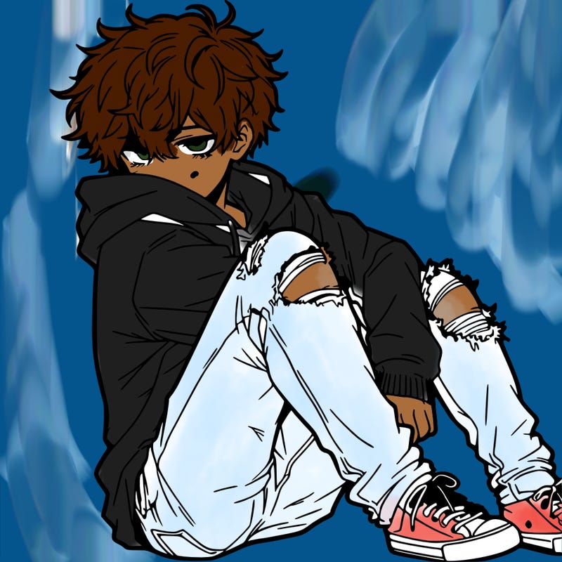 a male hoddie ripped jeans messy hair anime