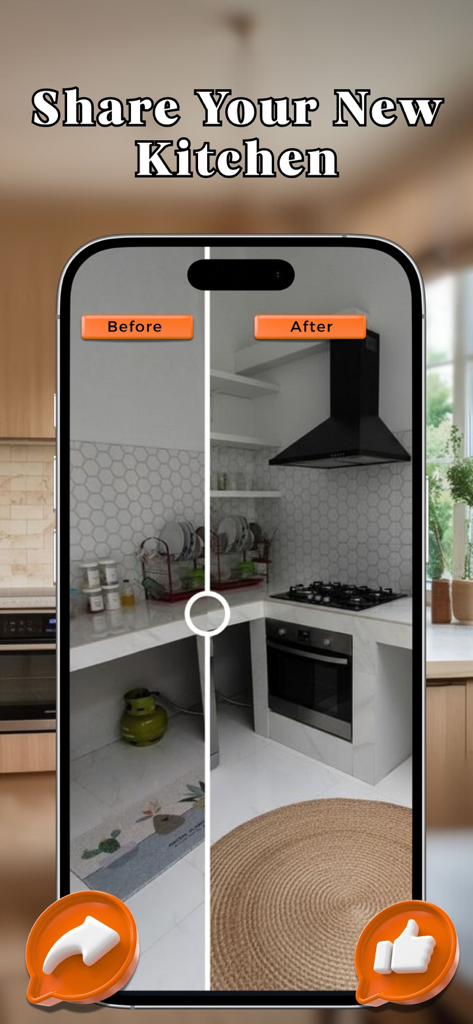 AI Kitchen Designer & Budget - Bildschirm einer mobilen App, der einen Seitenvergleich einer Küche vor und nach einer KI-gestützten Neugestaltung zeigt.