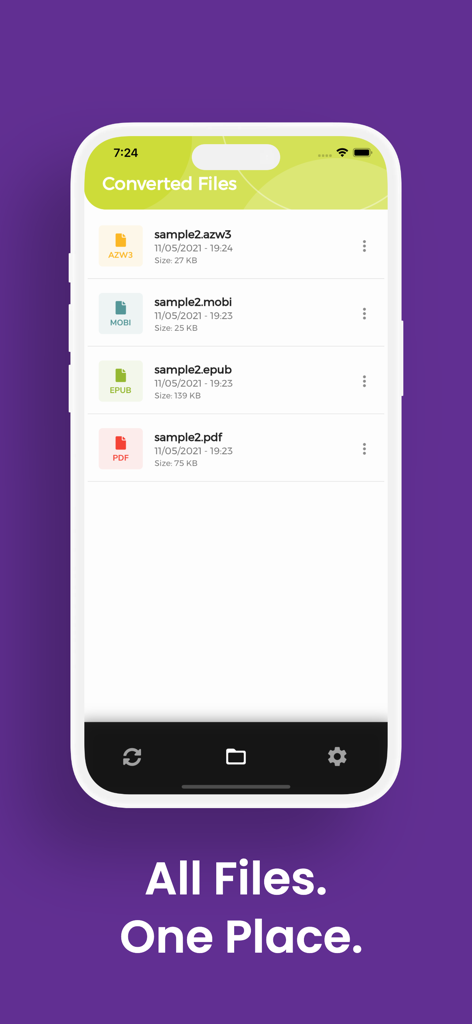 A list of converted document files including PDF and EPUB formats inside the DJVU Converter app interface