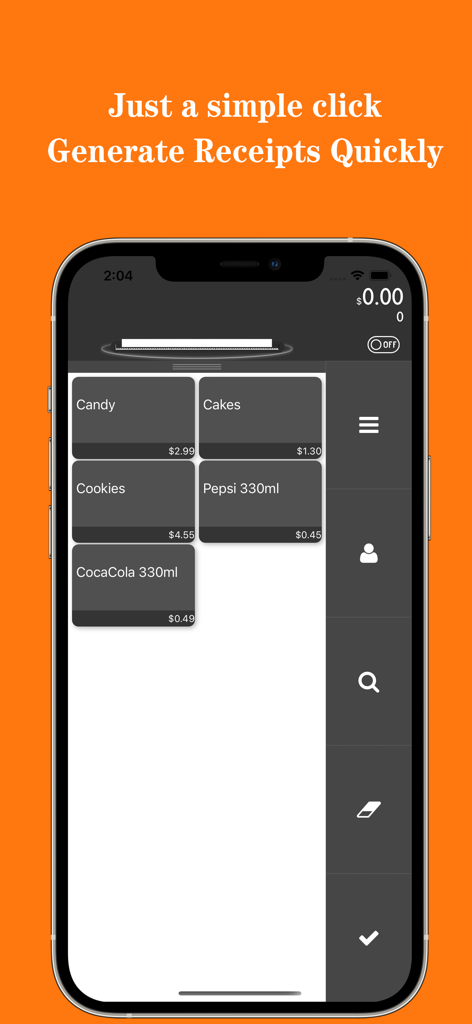 TinyPOS:Make & Print Bills - TinyPOS app interface showing a product selection grid for quick receipt generation
