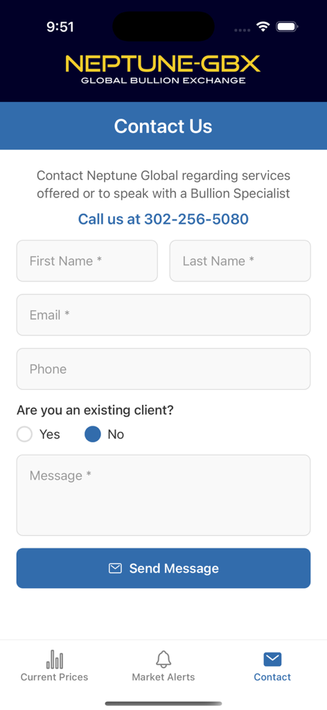 Neptune GBX - Contact form in the Neptune GBX app to reach a bullion specialist.