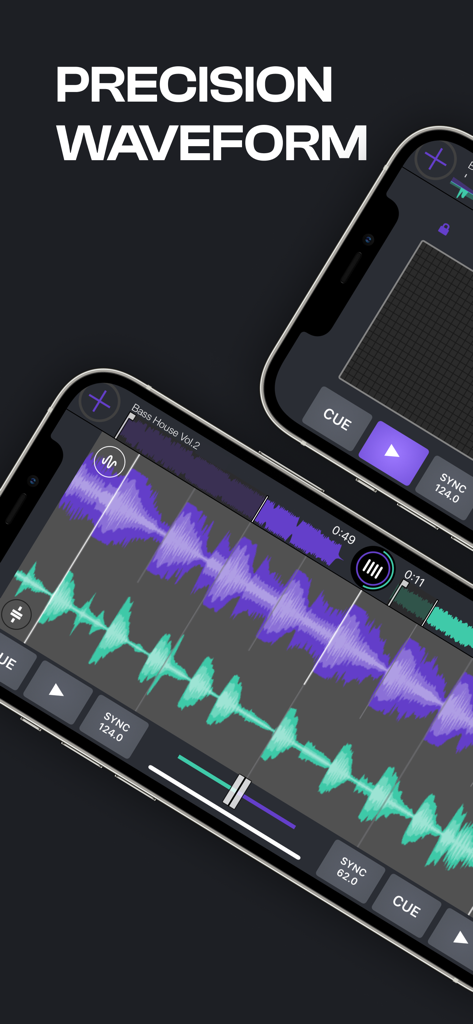 Mobile interface of Cross DJ Pro showing high precision music waveforms on two smartphones