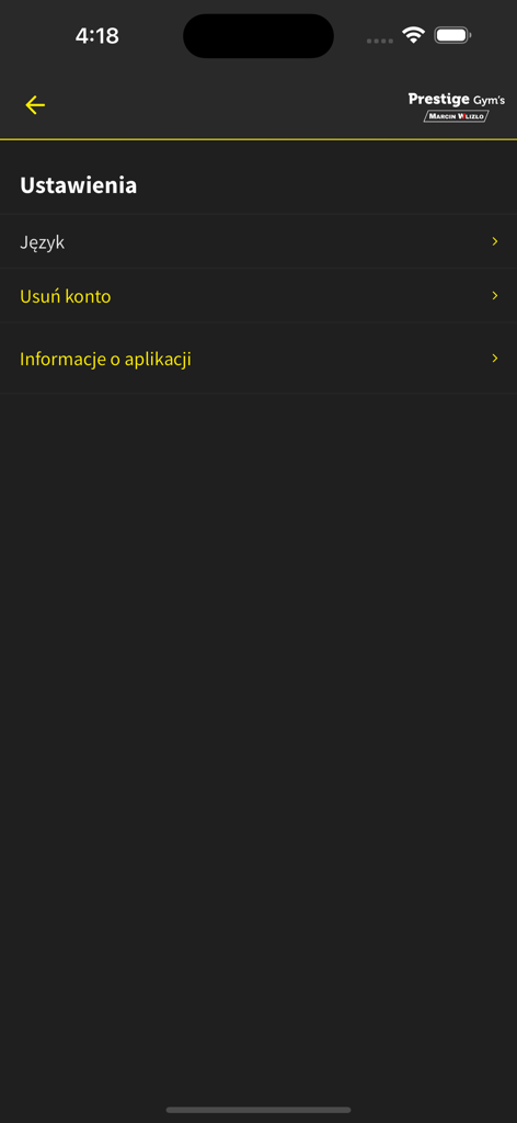 Mobile app settings screen for Prestige Gyms featuring account management and language options