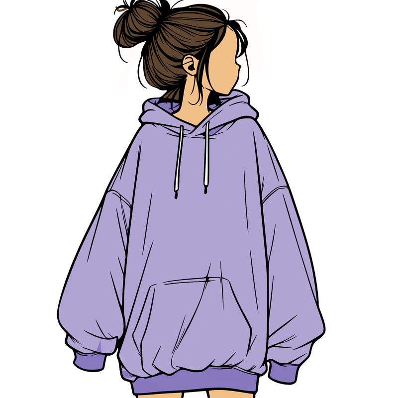 realistic girl with a oversized sweatshirt on and a bun