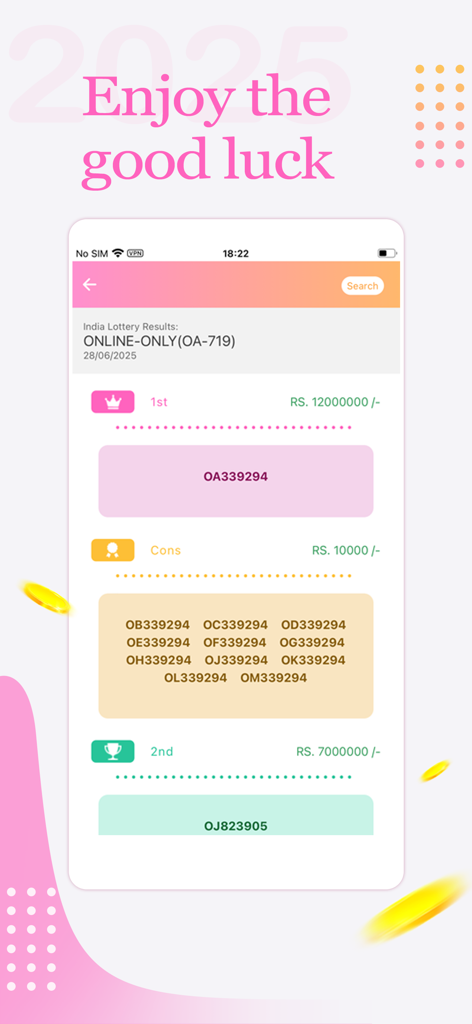 Écran des résultats de l'application Kerala Lottery Online Win montrant les catégories de prix et les numéros de billets gagnants