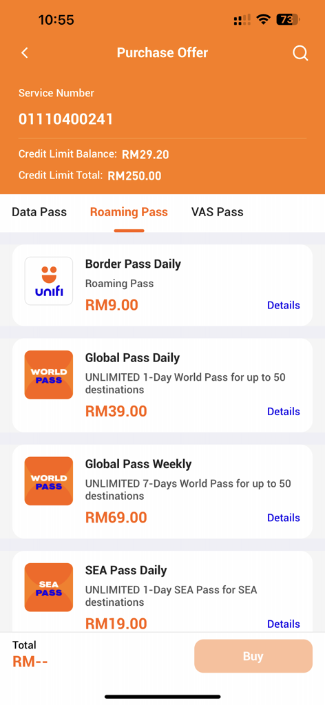 Unifi UniVerse - A screen in the Unifi UniVerse app showing various international roaming pass options and prices.