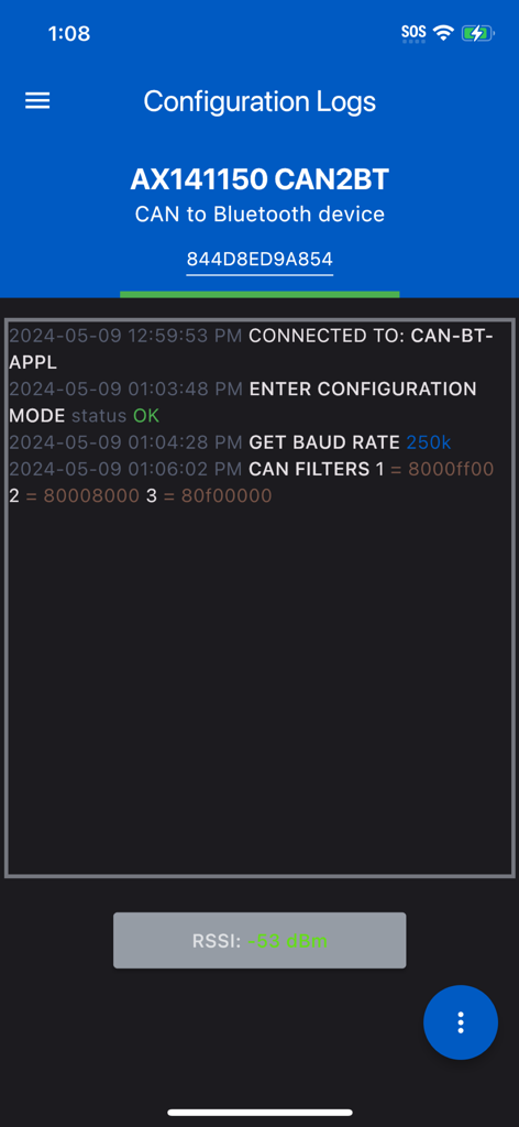 CAN2BLE Configuration - Configuration log screen in the CAN2BLE app showing device connection status and filter settings for an Axiomatic CAN to Bluetooth device.