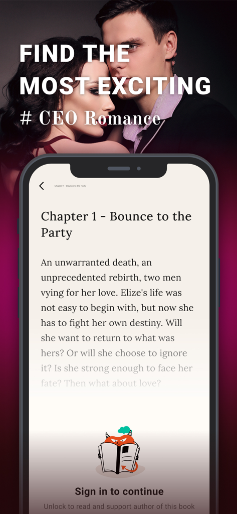 Smartphone screen showing the first chapter of a CEO romance novel in the Chereads app