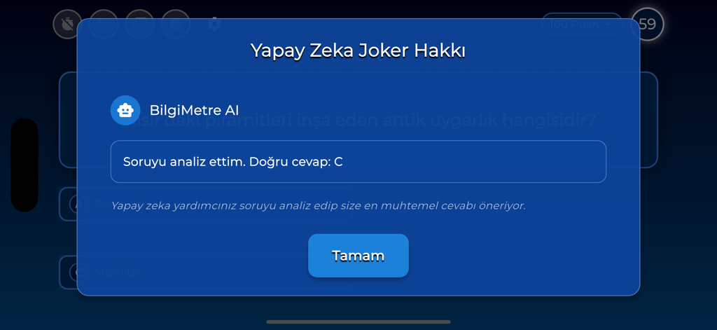 Bilgi Metre! - Pantalla de la aplicación Bilgi Metre que muestra al asistente de IA brindando una pista para una pregunta de trivia