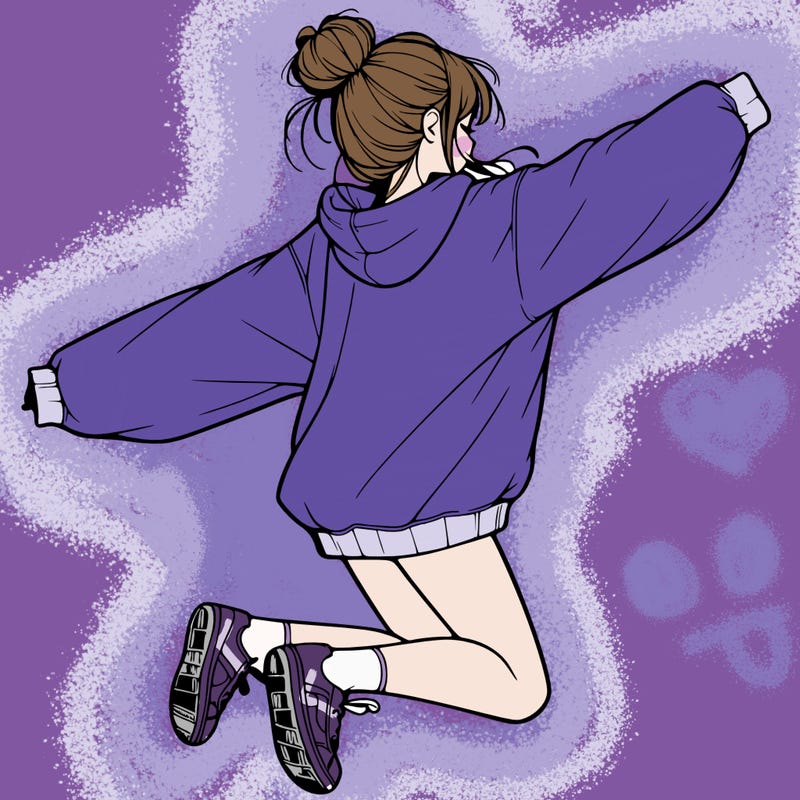 realistic girl jumping with a bun and oversized sweatshirt