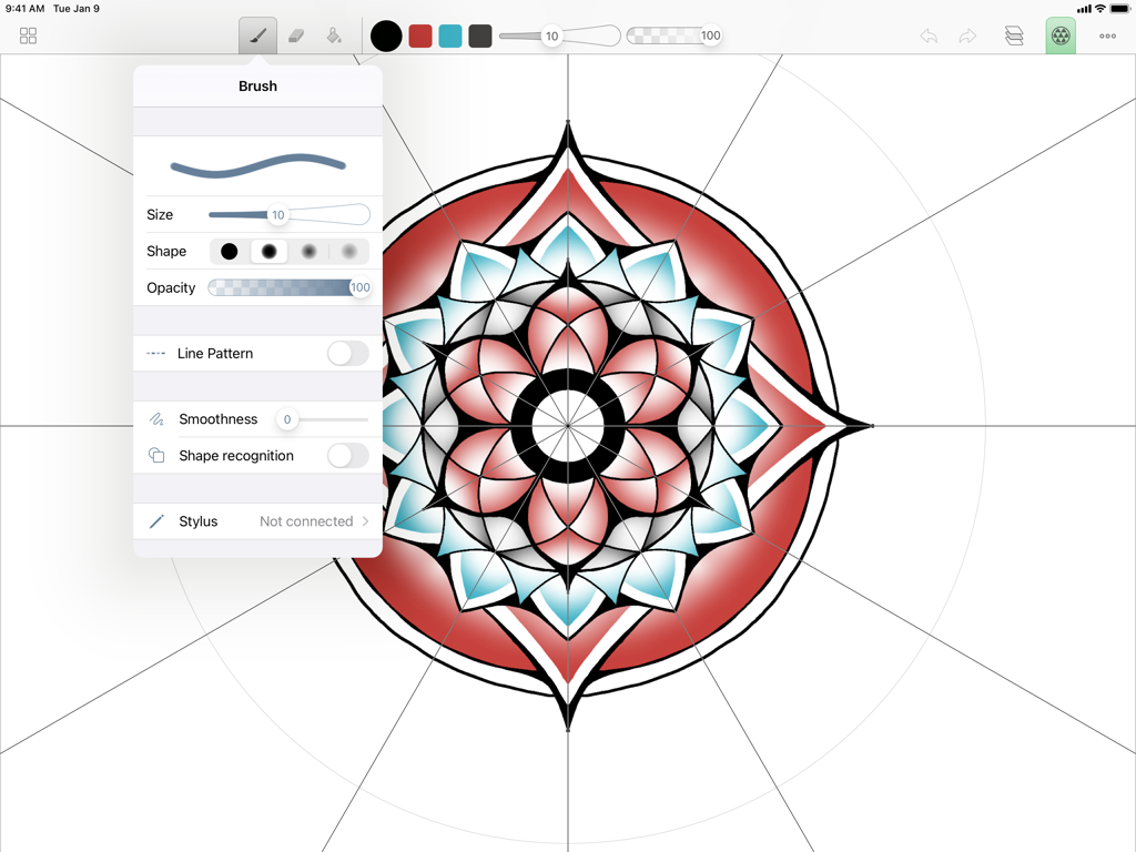 Amaziograph - Amaziograph iPad 앱에서 열려 있는 브러시 설정 메뉴와 함께 생성 중인 대칭적인 빨간색과 청록색 만다라 디자인