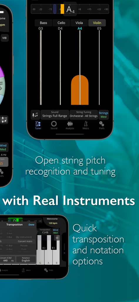 TonalEnergy Tuner & Metronome - TonalEnergy app interface showing string instrument tuning and musical transposition settings