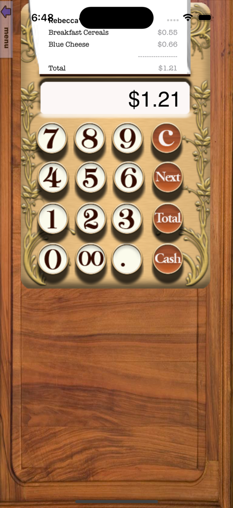 A kids toy cash register interface with a vintage keypad and a digital receipt showing grocery items.