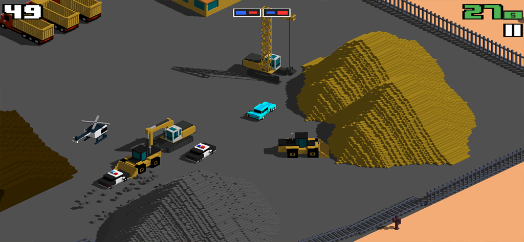 Smashy Road: Wanted - Blue car evading police in a voxel construction site scene from Smashy Road Wanted