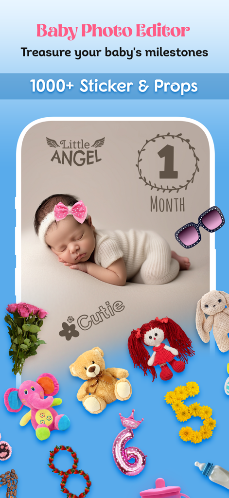 Baby Photo Editor & Story - Interfaz de la aplicación Baby Photo Editor que muestra una variedad de pegatinas y accesorios digitales para fotos de hitos de bebé